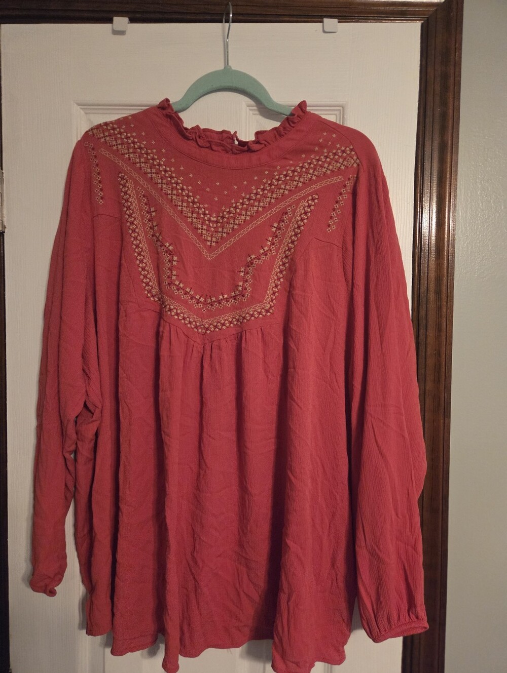 Women's Embroidered Red Long-Sleeve Peasant Top